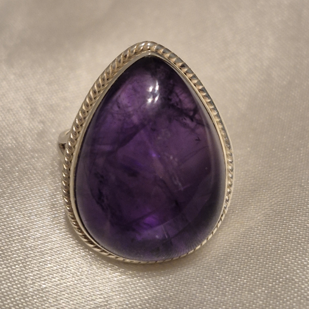 Handmade Sterling Silver Amethyst Tear Drop Ring
